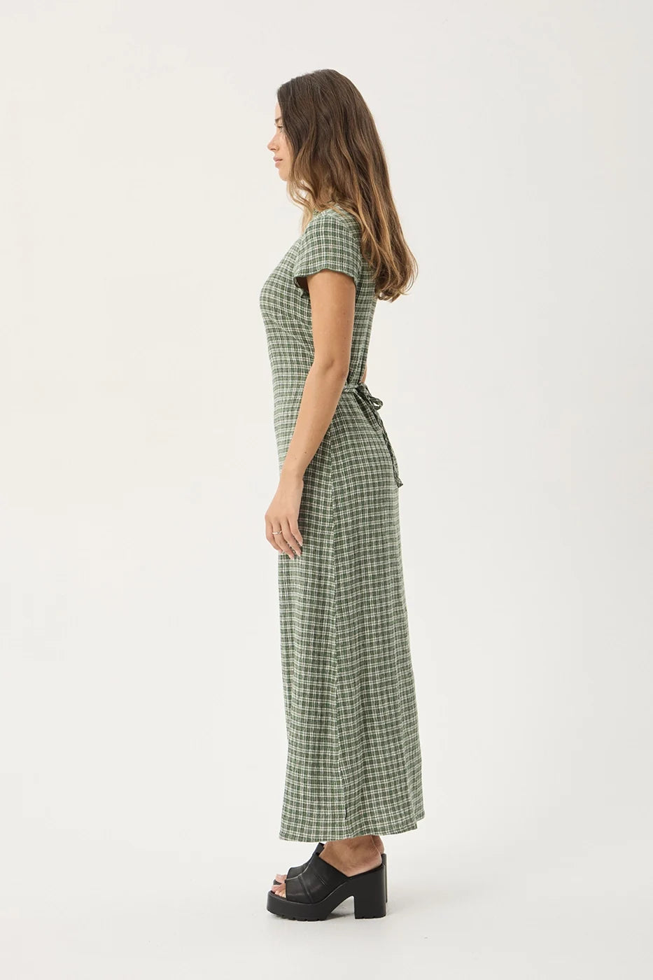 Womens Seersucker Midi Dress Elodie - Base Deep Green Check - AFENDS