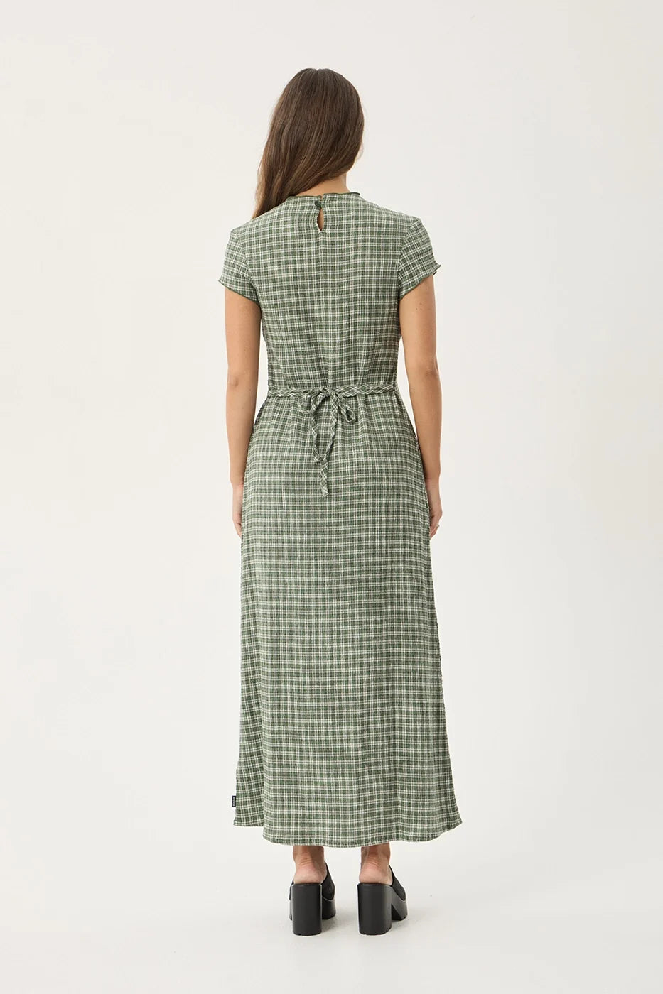 Womens Seersucker Midi Dress Elodie - Base Deep Green Check - AFENDS