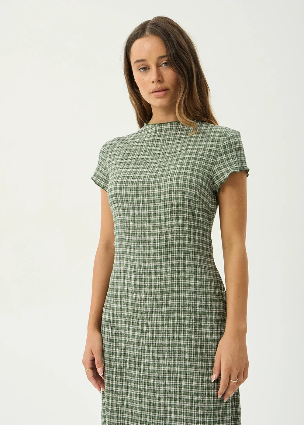 Womens Seersucker Midi Dress Elodie - Base Deep Green Check - AFENDS