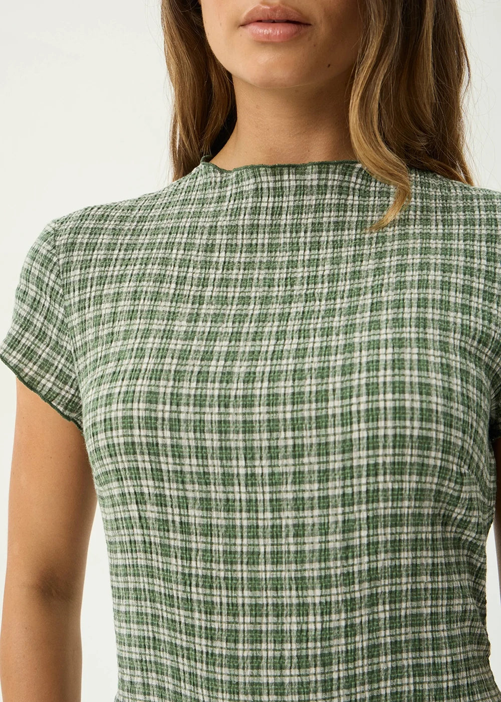 Womens Seersucker Midi Dress Elodie - Base Deep Green Check - AFENDS
