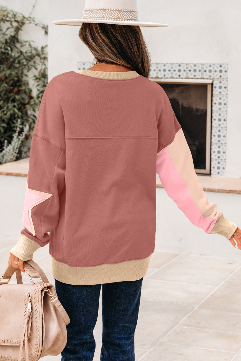 Sage Green Contrast Star Patchwork Exposed Seam Uneven Hem Drop Shoulder Sweatshirt