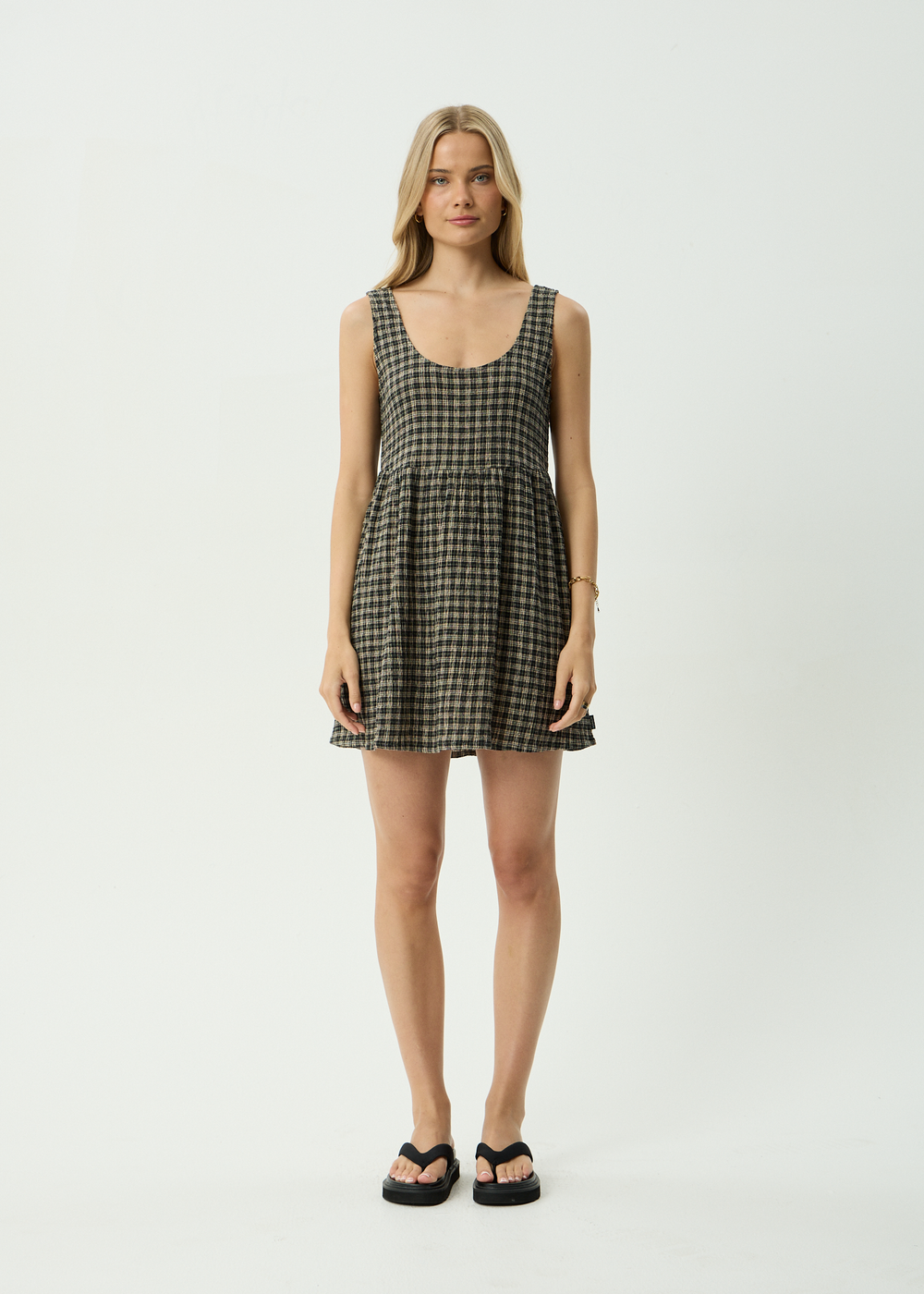Womens Seersucker Mini Dress Jesse - Tan / Olive Check - AFENDS
