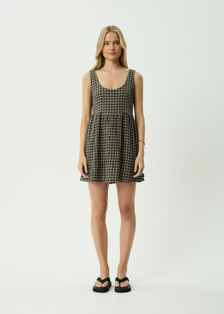 Jesse Seersucker Mini Dress – Tan Olive Check