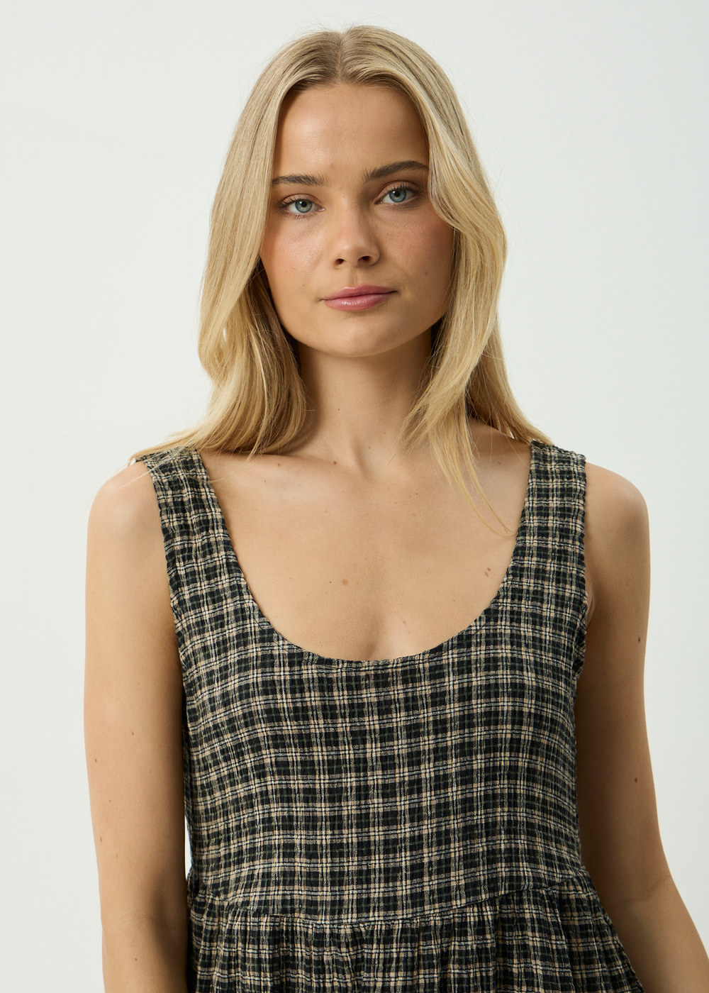 Womens Seersucker Mini Dress Jesse - Tan / Olive Check - AFENDS