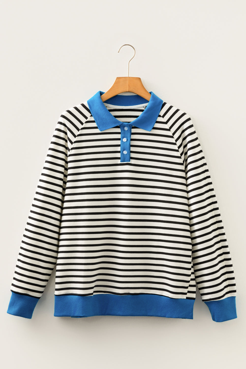 Black Stripe Color Block Patchwork Button Polo Collar Side Slit Swe...