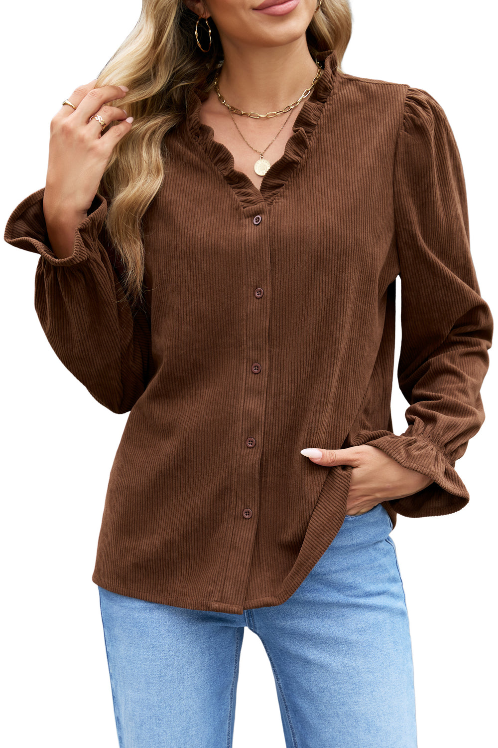 Coffee Solid Color Ruffle Trim V Neck Long Sleeve Button Corduroy S...