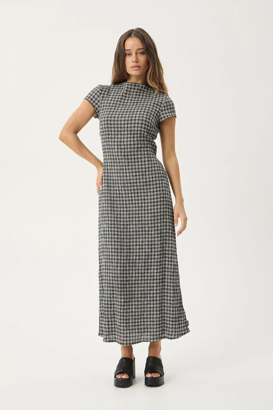 Womens Seersucker Midi Dress Elodie - Asta Steel Check - AFENDS