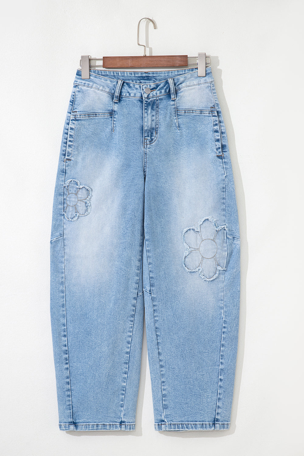 Beau Blue Flower Patched Light Wash Cropped High Waist Barrel Jeans