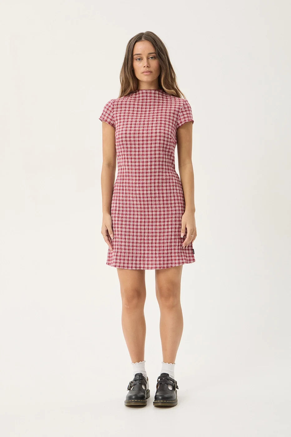 Womens Seersucker Mini Dress Elodie - Base Burgundy Check - AFENDS