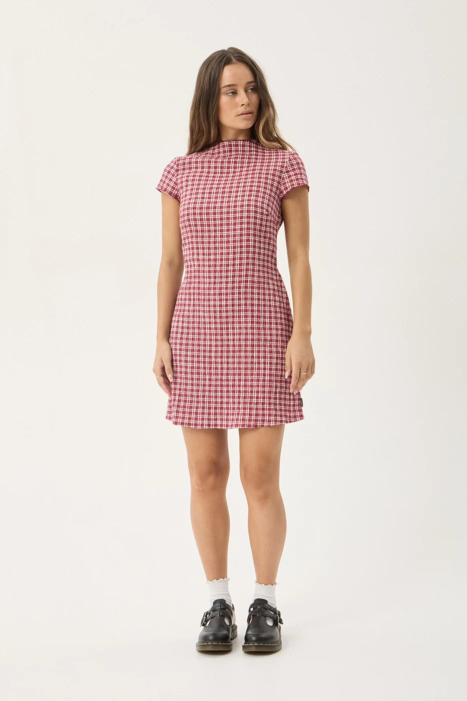 Womens Seersucker Mini Dress Elodie - Base Burgundy Check - AFENDS