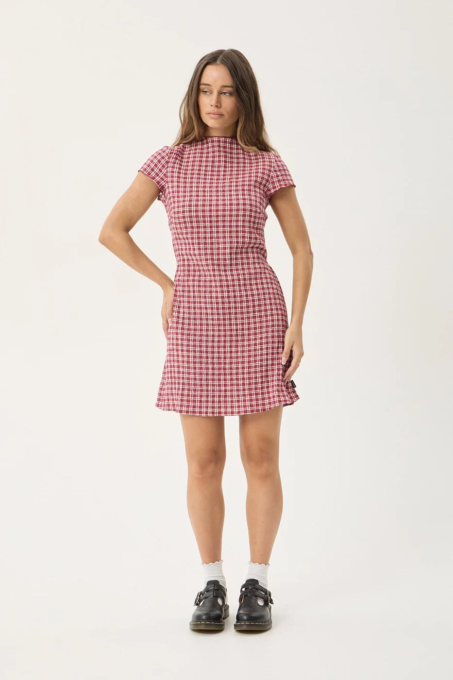 Womens Seersucker Mini Dress Elodie - Base Burgundy Check - AFENDS