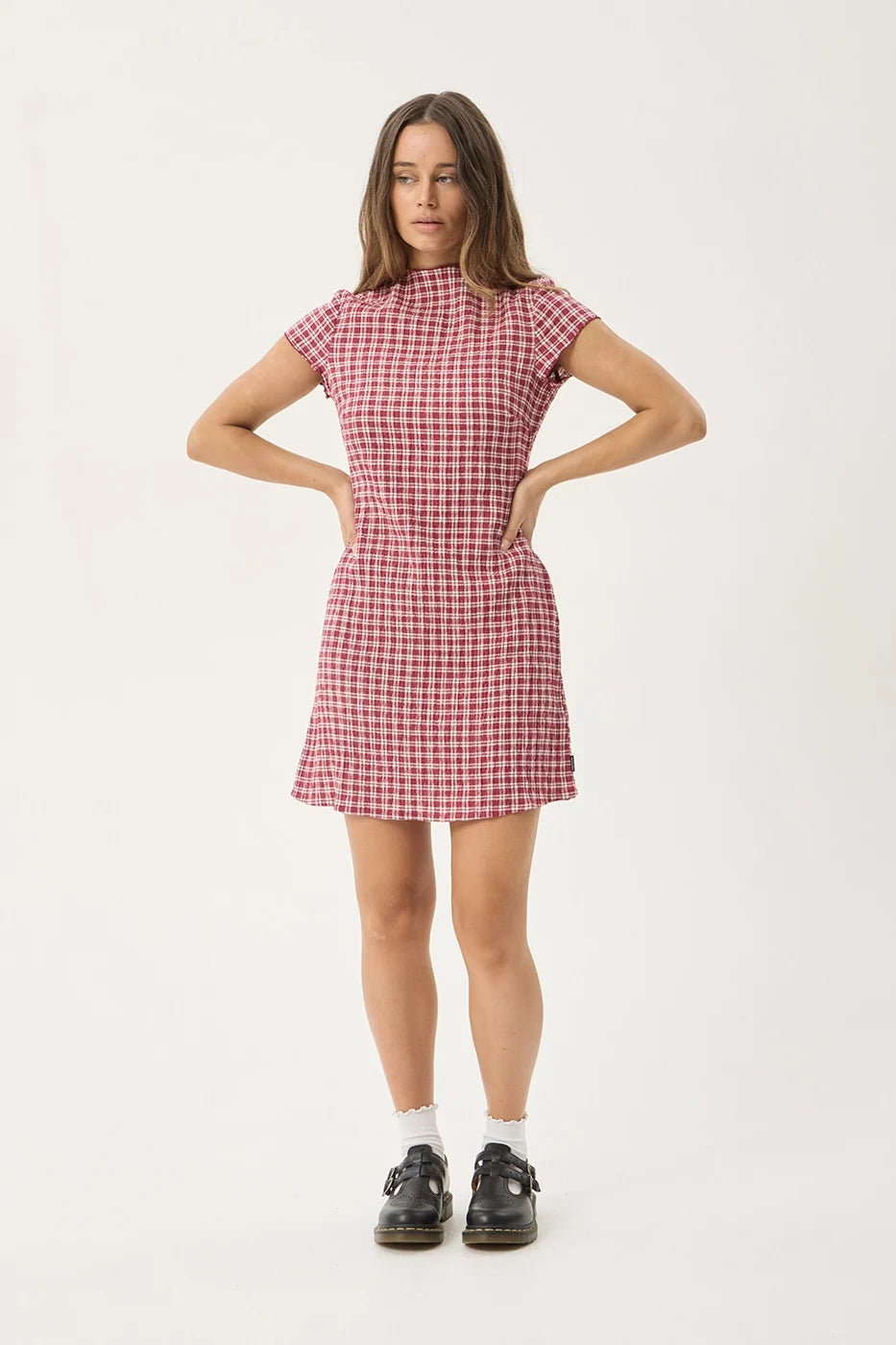 Womens Seersucker Mini Dress Elodie - Base Burgundy Check - AFENDS
