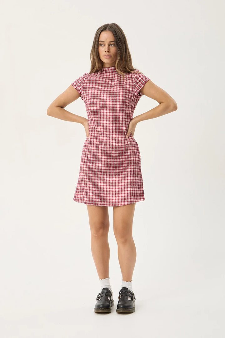 Elodie Seersucker Mini Dress – Burgundy Check
