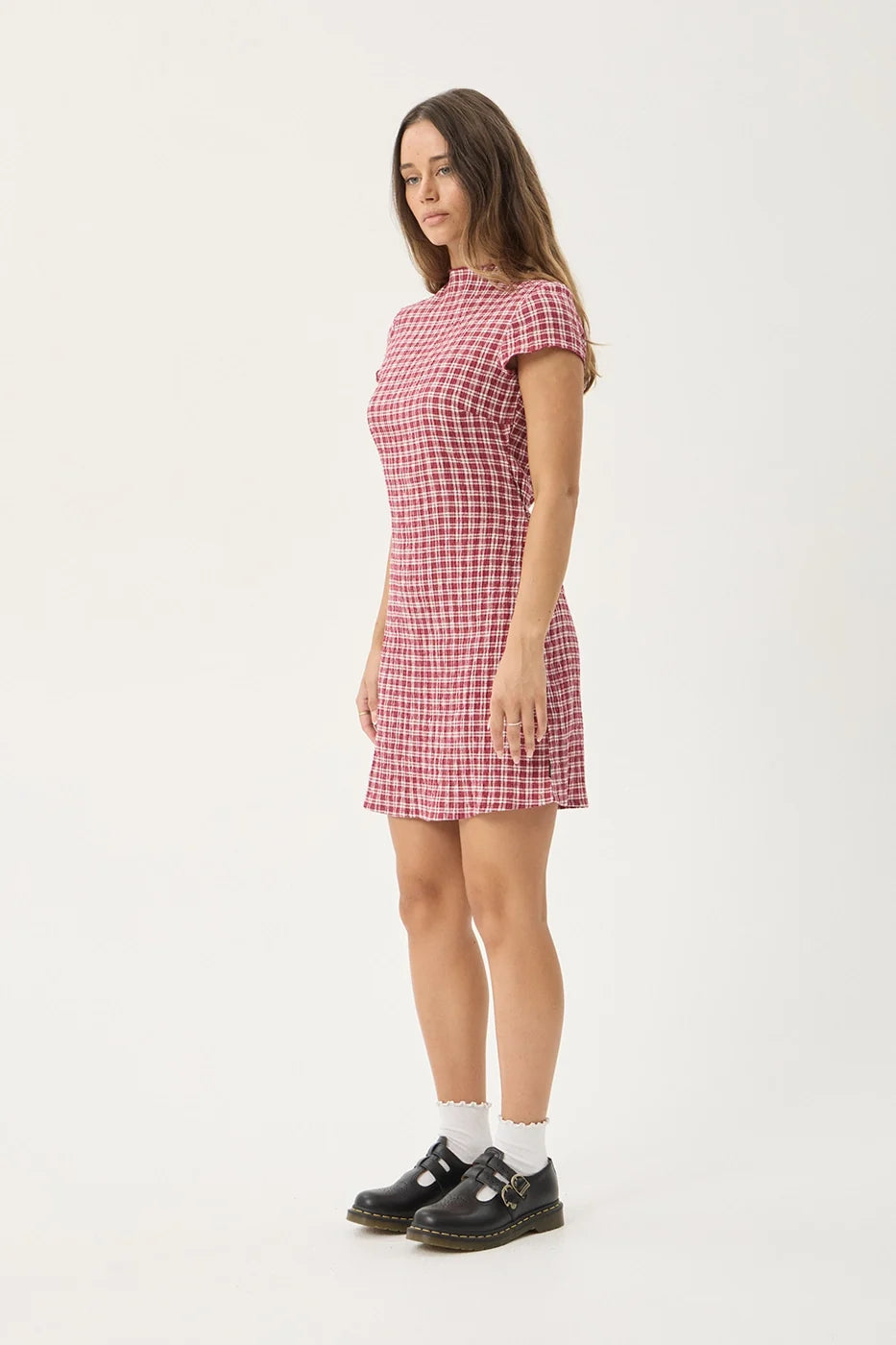 Womens Seersucker Mini Dress Elodie - Base Burgundy Check - AFENDS