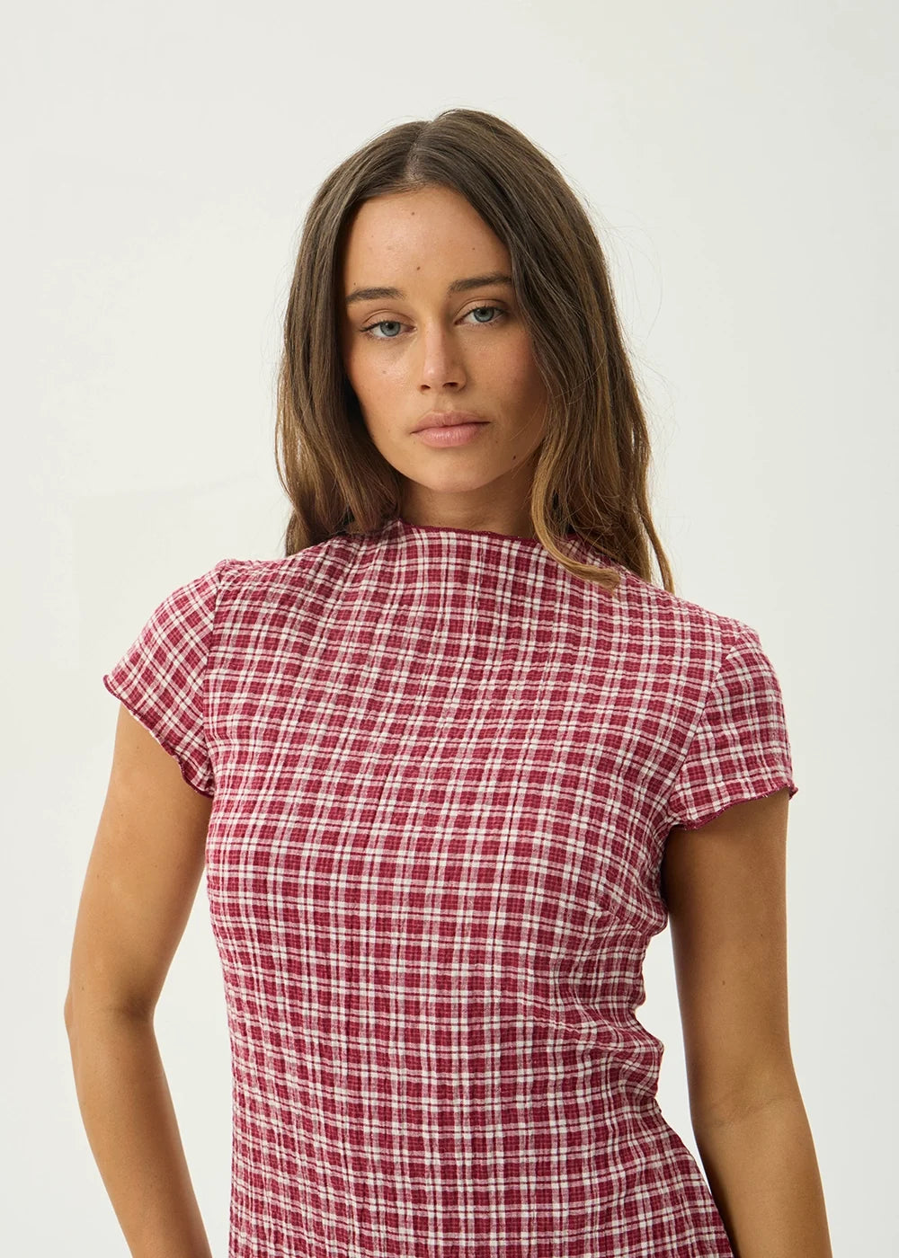 Womens Seersucker Mini Dress Elodie - Base Burgundy Check - AFENDS