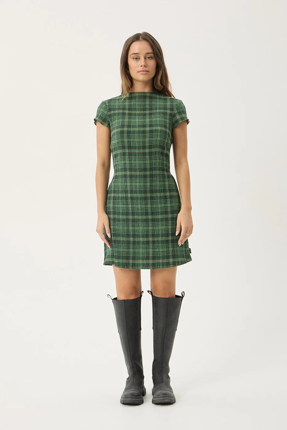 Womens Seersucker Mini Dress Elodie - Lonnie Hunter Green - AFENDS