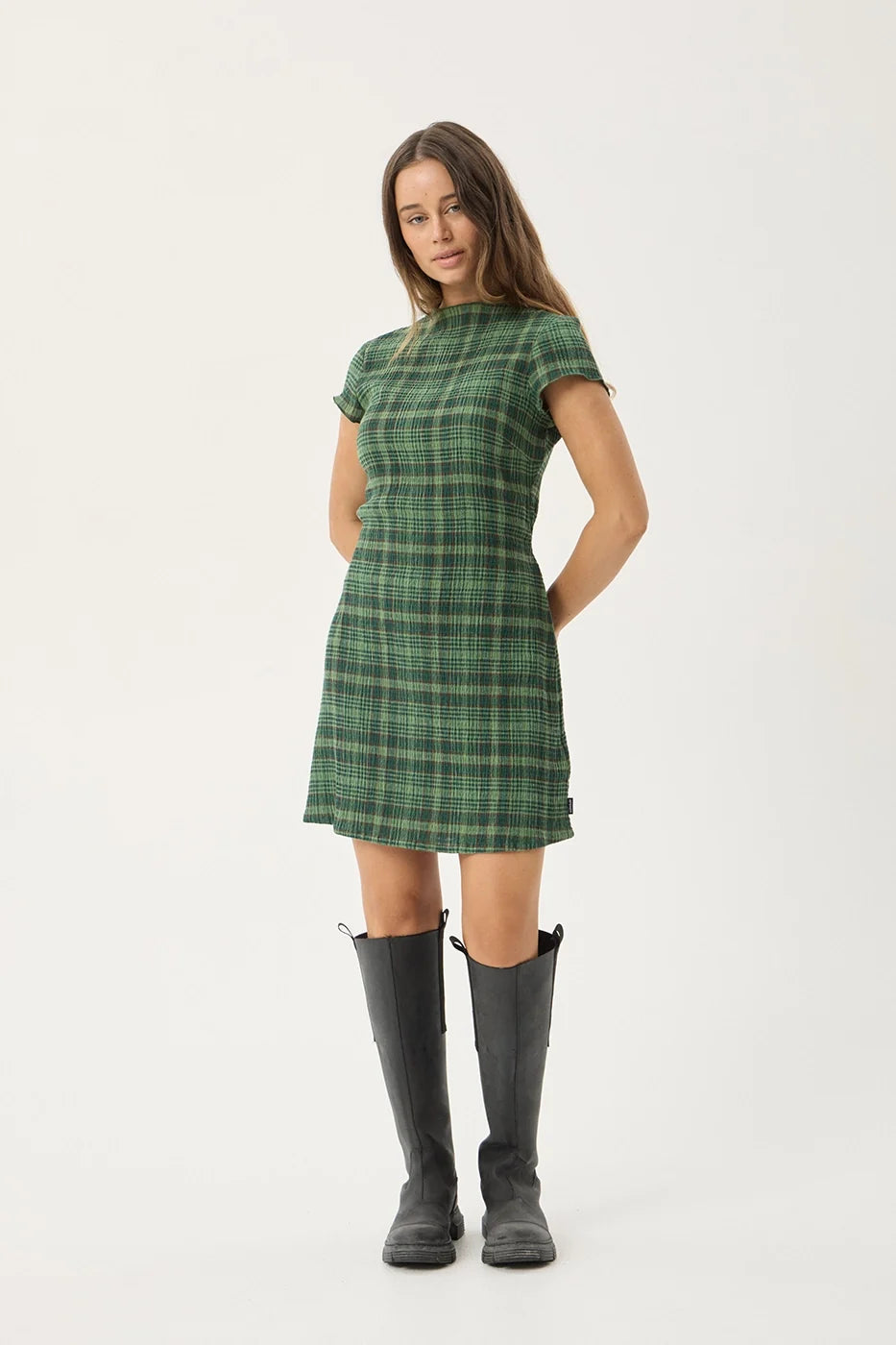 Womens Seersucker Mini Dress Elodie - Lonnie Hunter Green - AFENDS