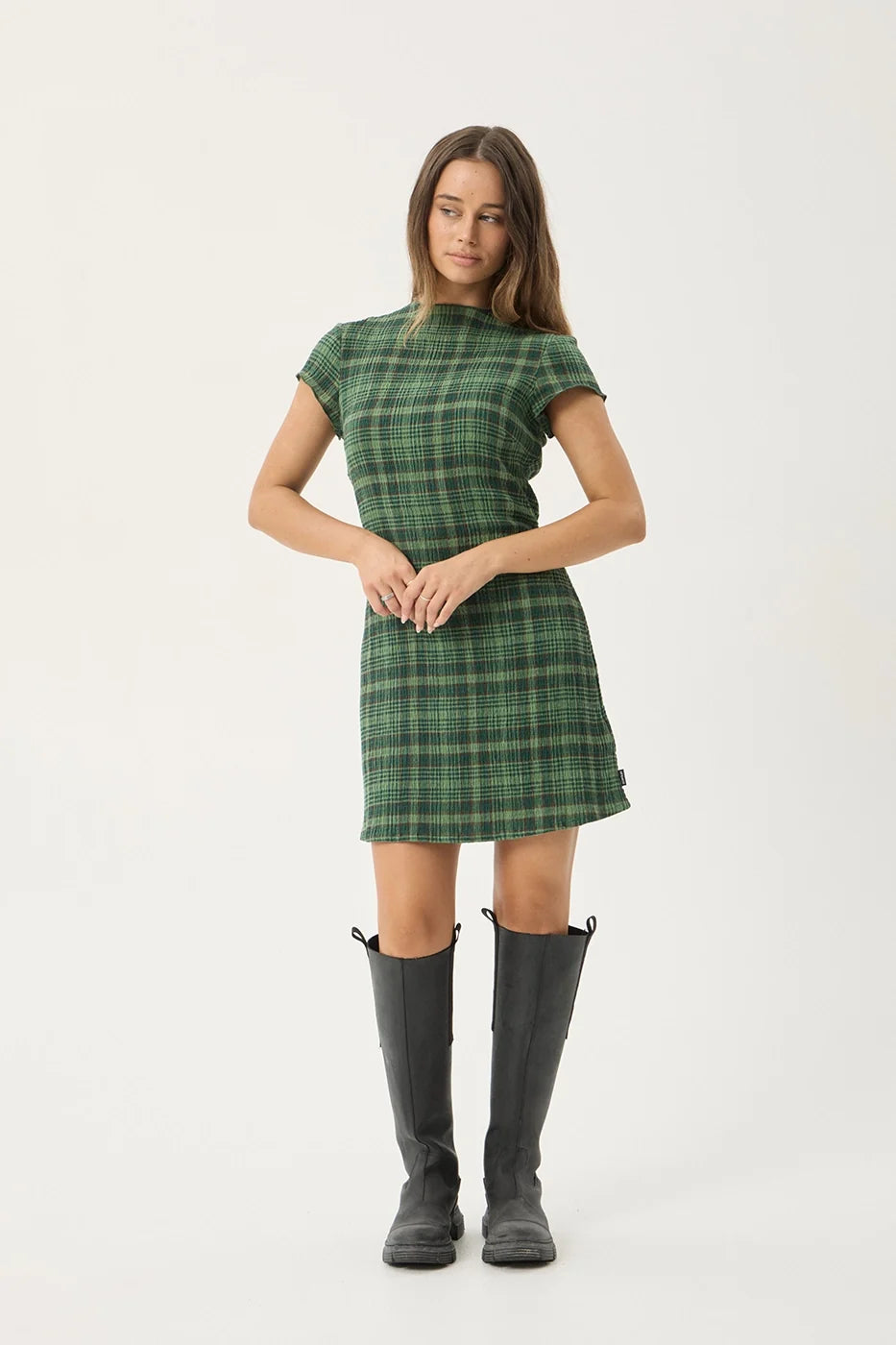 Womens Seersucker Mini Dress Elodie - Lonnie Hunter Green - AFENDS