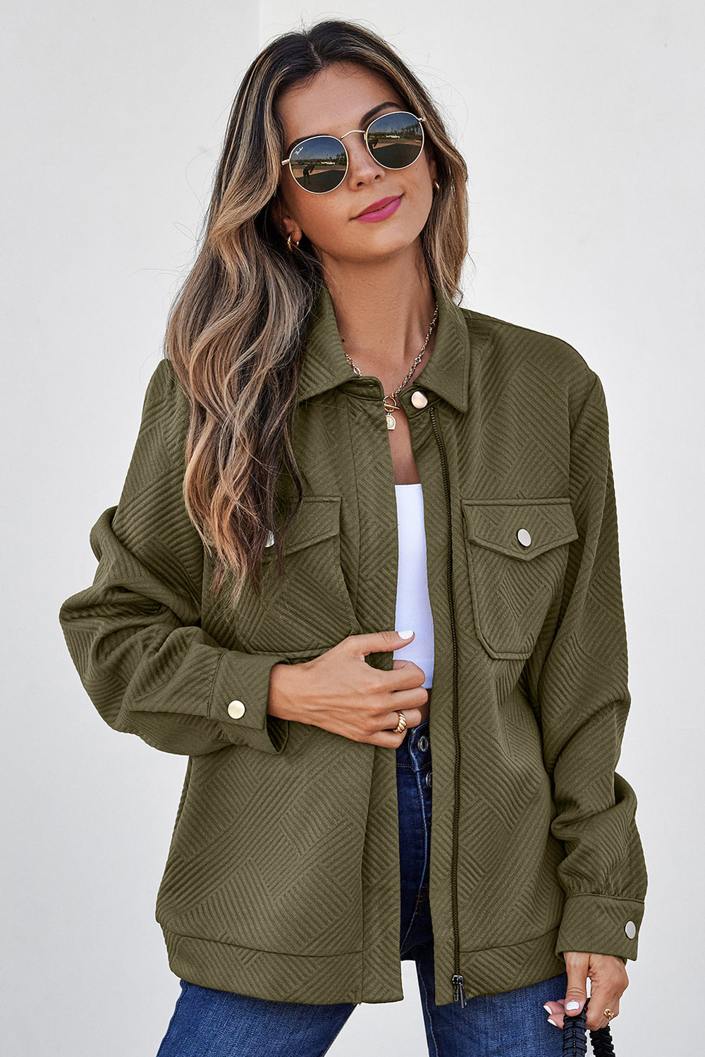 Blackish Green Solid Color Zip Up Button Flap Pocket Shirt Collar J...