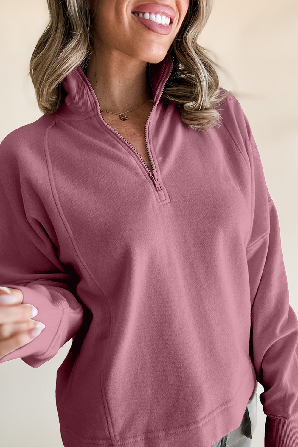 Jungle Green Zipped Neck Pullover Drop Shoulder Sweatshirt