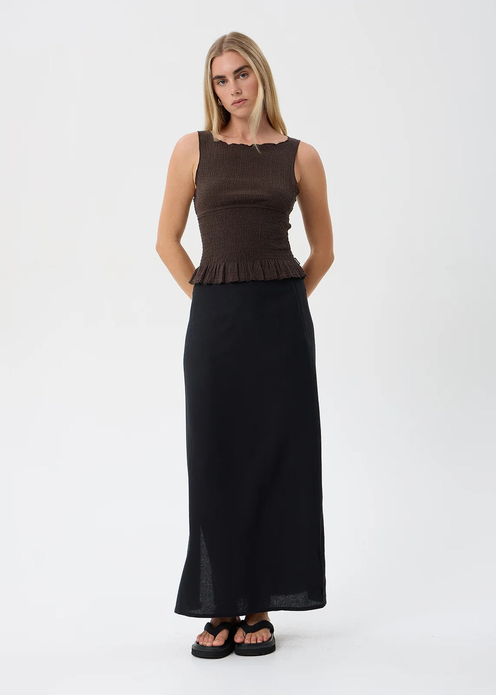 Womens Seersucker Sleeveless Top Cedar - Coffee - AFENDS