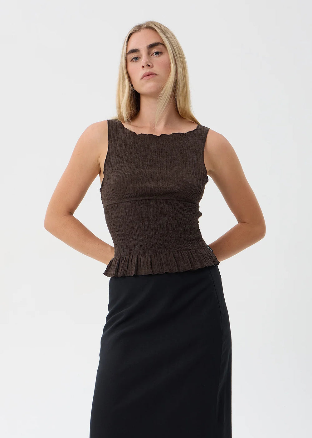 Womens Seersucker Sleeveless Top Cedar - Coffee - AFENDS