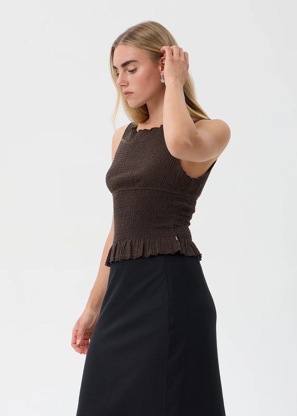 Womens Seersucker Sleeveless Top Cedar - Coffee - AFENDS