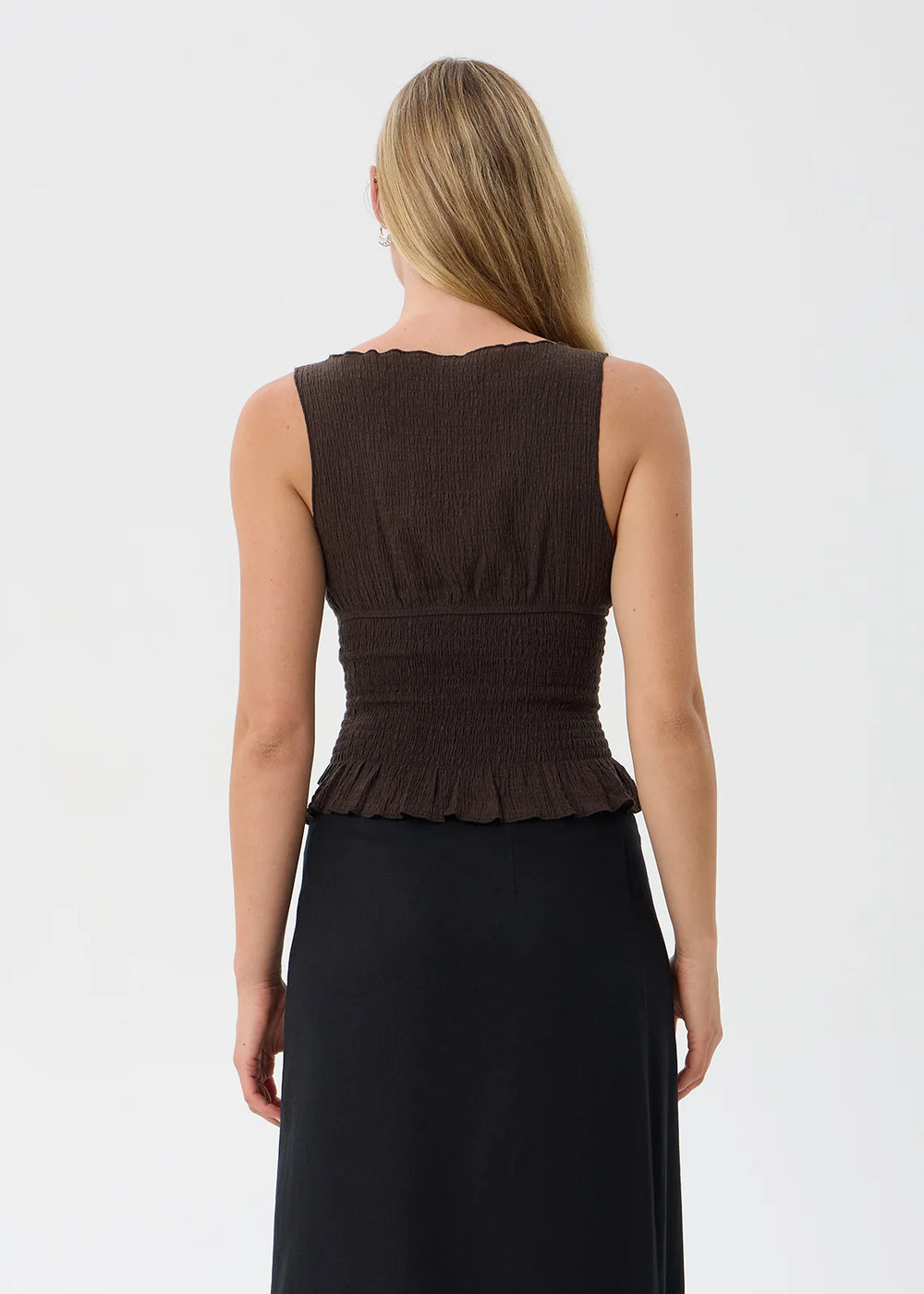 Womens Seersucker Sleeveless Top Cedar - Coffee - AFENDS