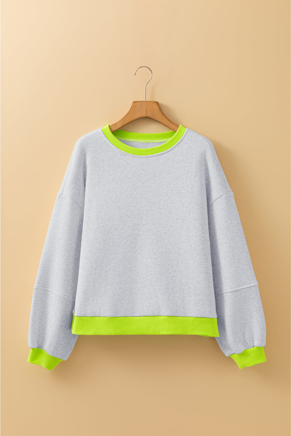Light Grey Contrast Color Banding Patchwork Puff Sleeve Loose Sweat...