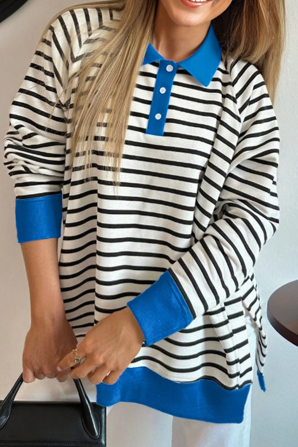 Black Stripe Color Block Patchwork Button Polo Collar Side Slit Swe...