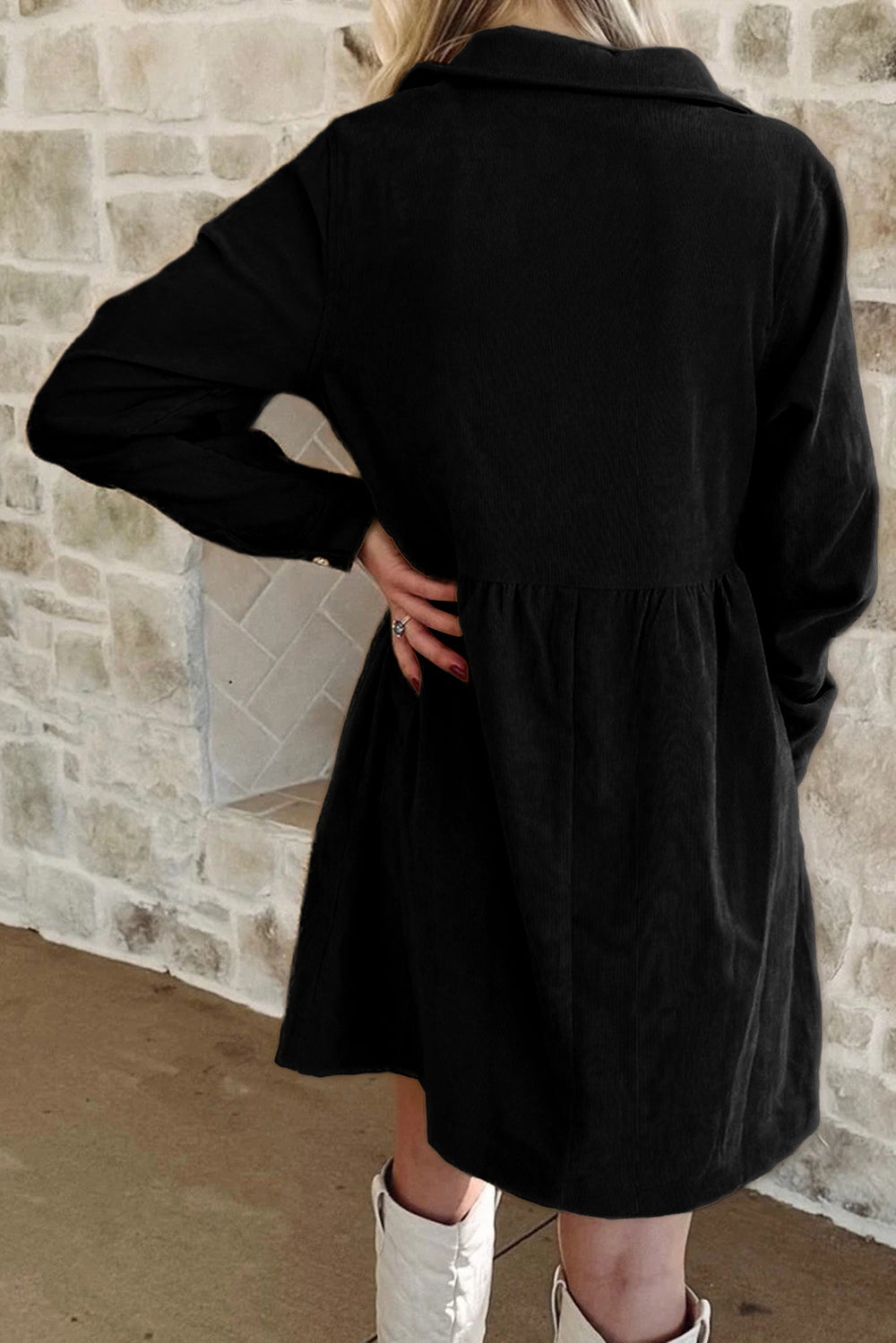 Dearlovers Oatmeal Corduroy Half Button Collared Long Sleeve Mini Dress