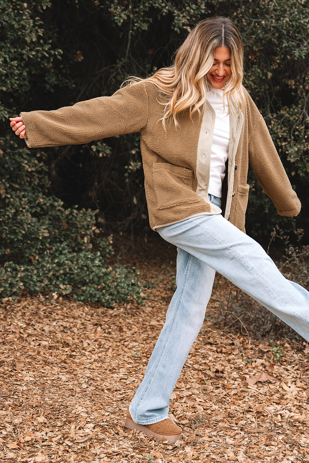 Light French Beige Puffy Plush Corduroy Edge Patchwork Jacket with ...