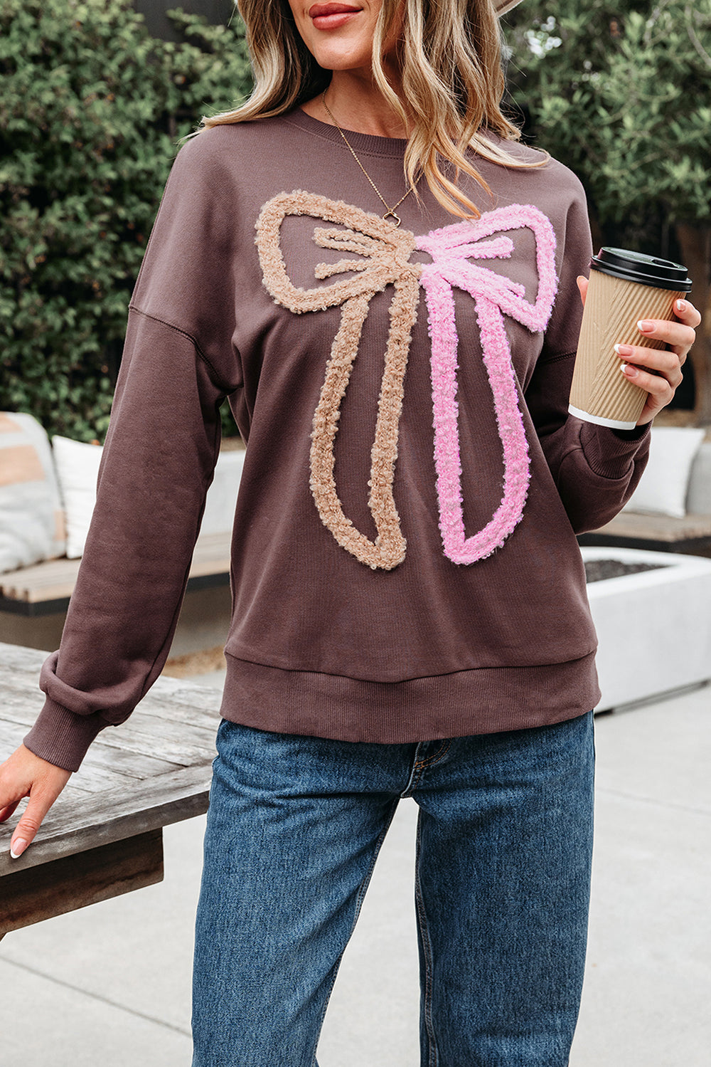 Dark Khaki Contrast Terry Bow Pattern Drop Shoulder Sweatshirt