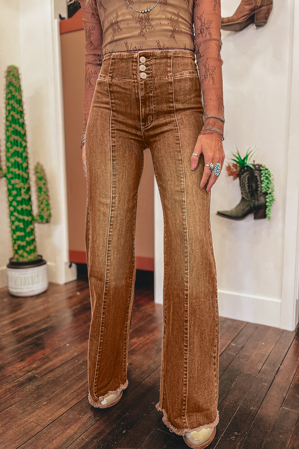 Sail Blue High Waist Button Fly Seamed Raw Hem Flare Jeans