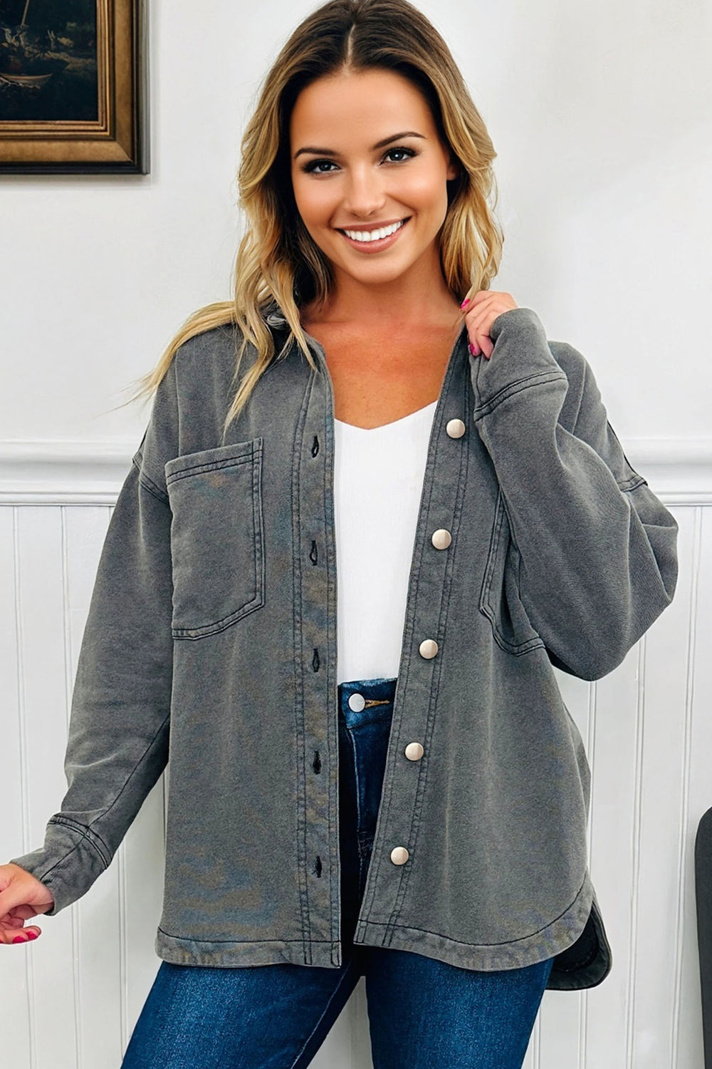 Medium Grey Mineral Wash Chest Pockets Drop Shoulder Shacket with S...