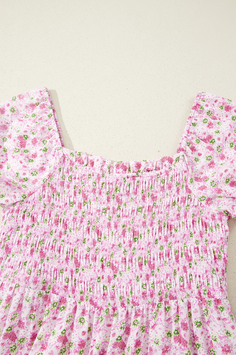 Purple Floral Short Bubble Sleeve Shirred High Waist Maxi Dress