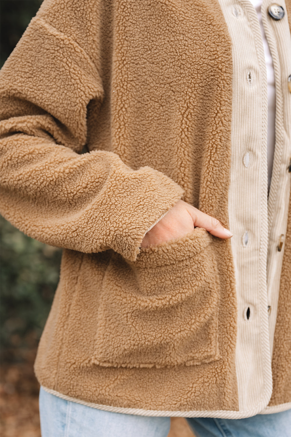 Light French Beige Puffy Plush Corduroy Edge Patchwork Jacket with ...