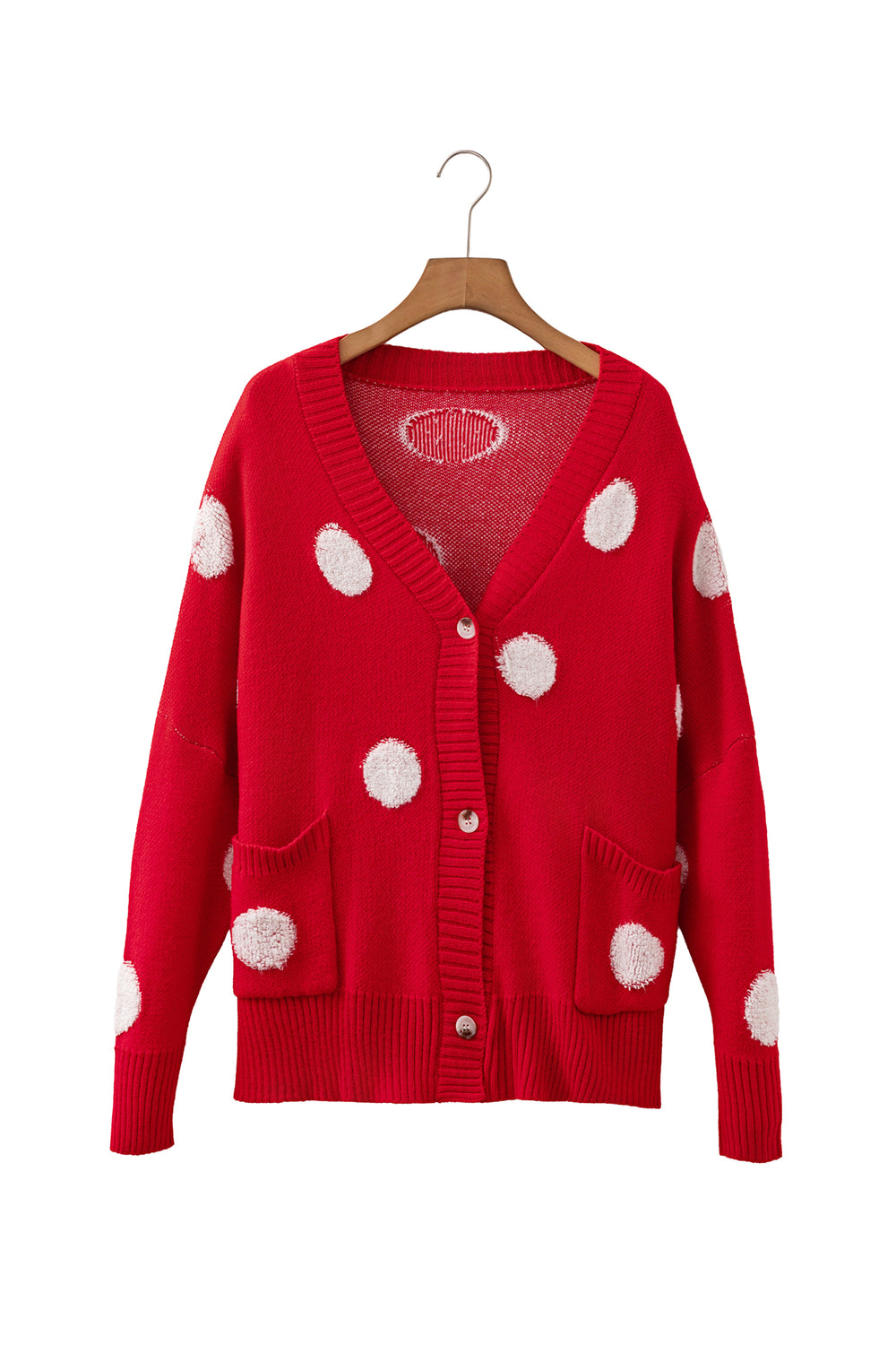 Beige Polka Dot Button Front Oversized V Neck Cardigan