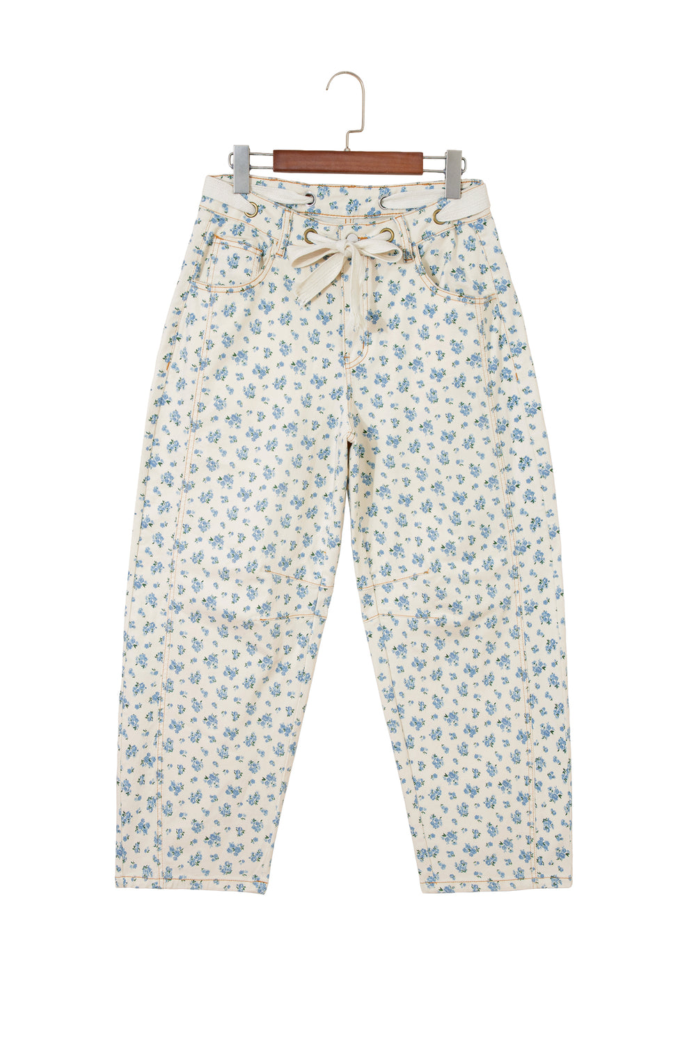 Beige Grommet Knot Waist Floral Barrel Leg Jeans