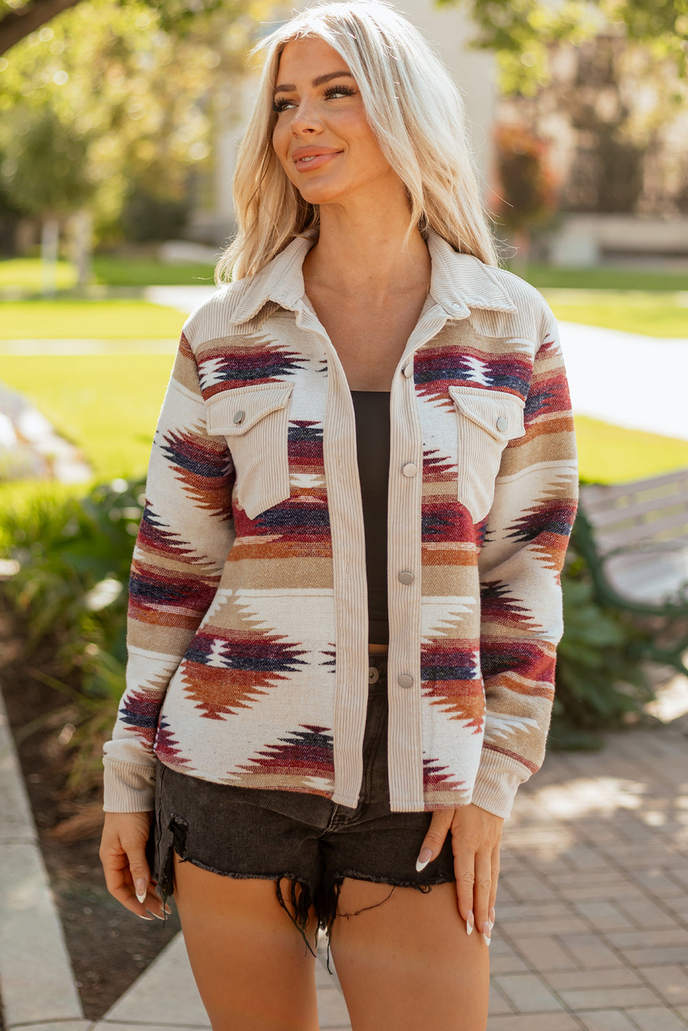 Multicolour Western Aztec Ribbed Patchwork Double Flap Pocket Raw H...