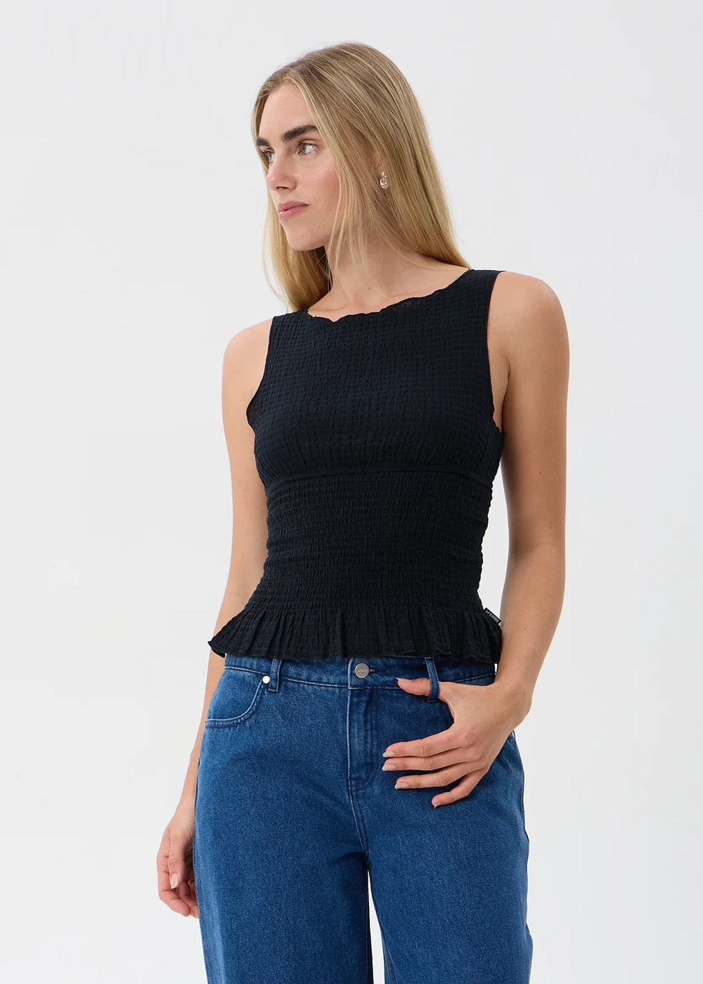 Womens Seersucker Sleeveless Top Cedar - Black - AFENDS