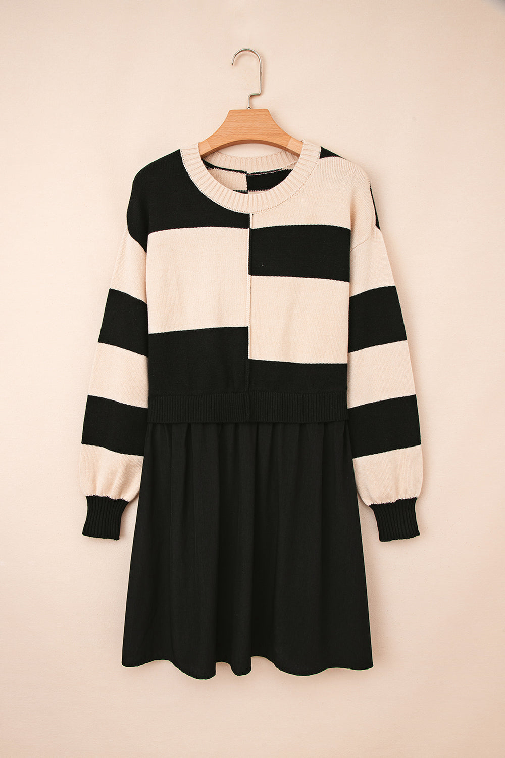 Black Stripe Two in One Knitted Top High Waist Splicing Hem Sweater
