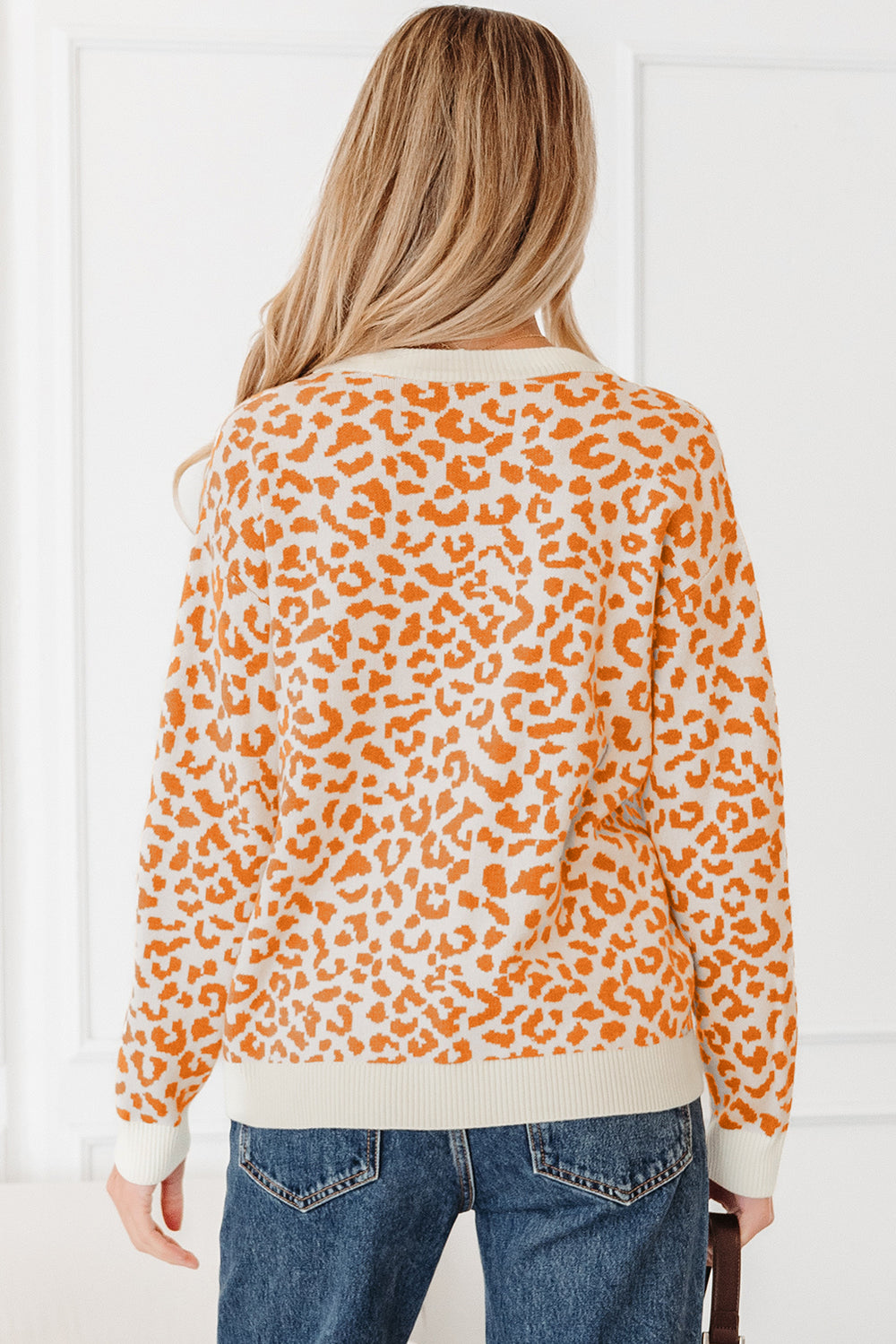 Khaki Leopard Drop Shoulder Chunky Knitted Cardigan Sweater