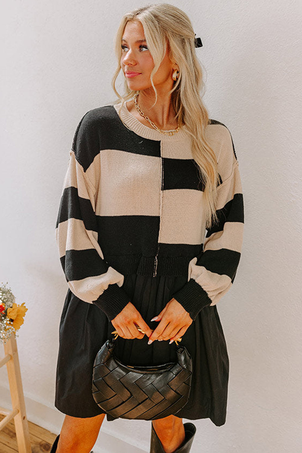 Black Stripe Two in One Knitted Top High Waist Splicing Hem Sweater