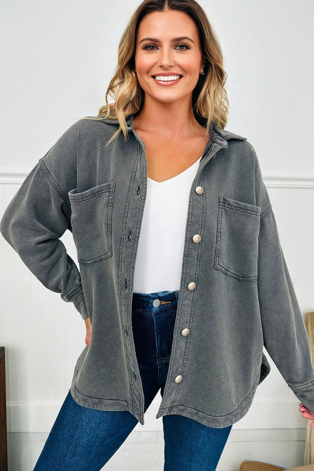Medium Grey Mineral Wash Chest Pockets Drop Shoulder Shacket with S...