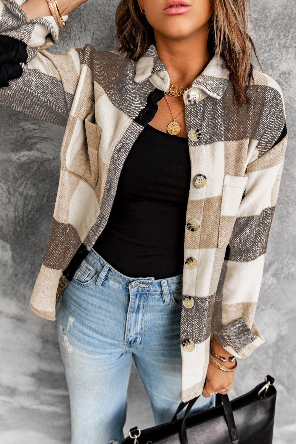 Gray Plaid Color Block Buttoned Long Sleeve Jacket with Pocket