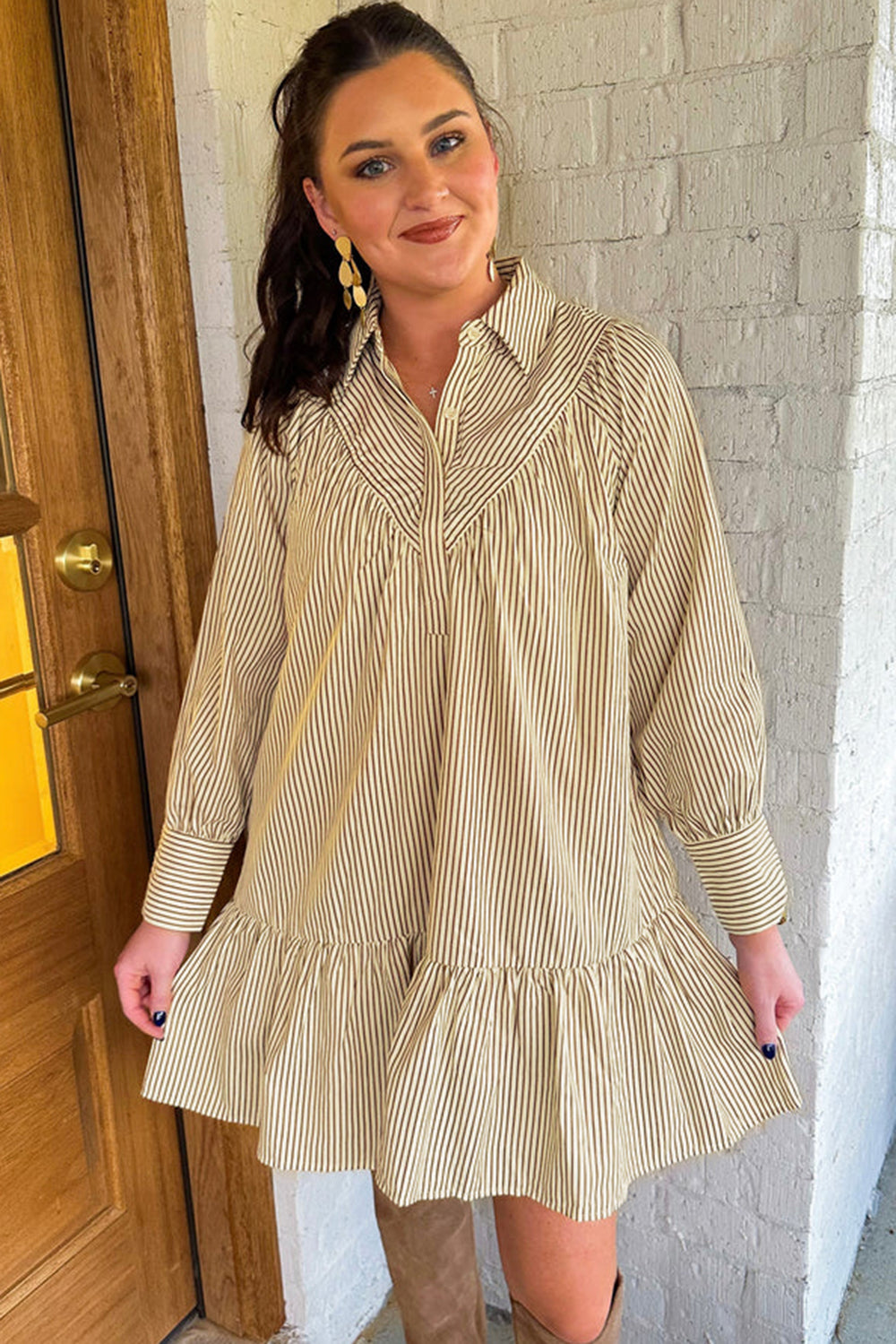 Brown Stripe Collared Neck Cuffed Long Sleeve Drop Waist Mini Dress