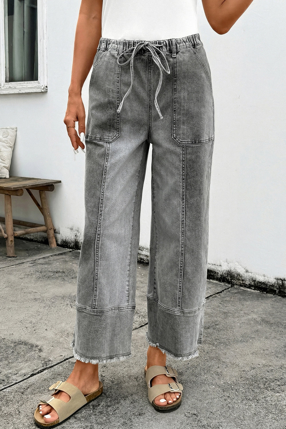 Beau Blue Drawstring Seam Detail Raw Hem Wide Leg Denim Pants