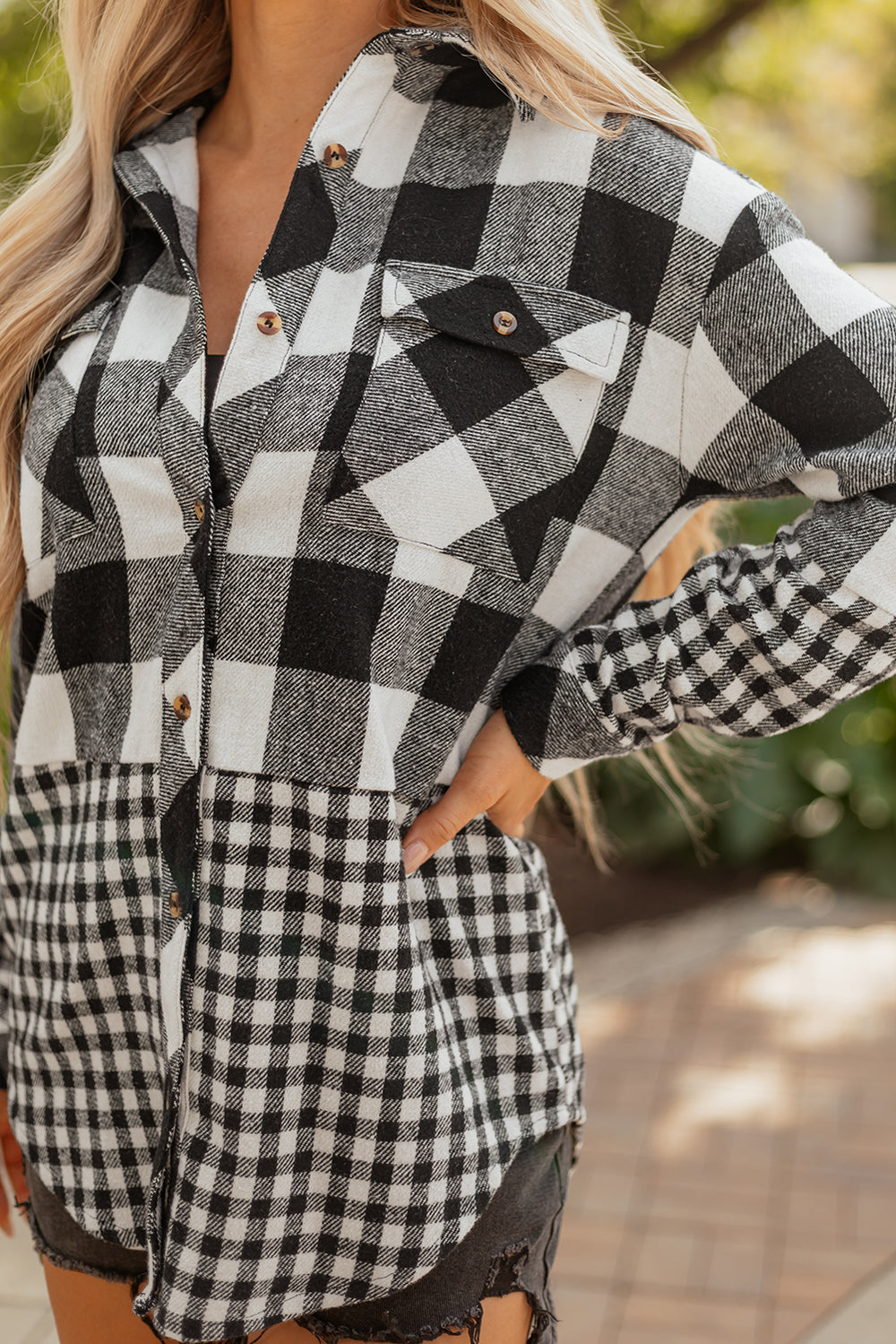 Black Double Plaid Patchwork Drawstring Hooded Shacket