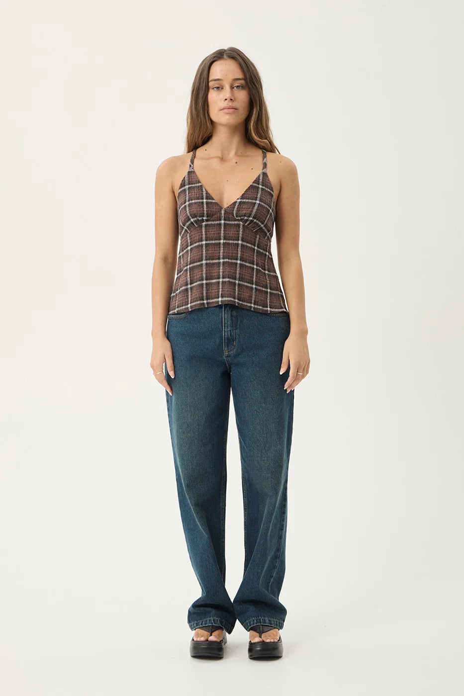 Womens Seersucker Strappy Top Reverie - Coffee Check - AFENDS